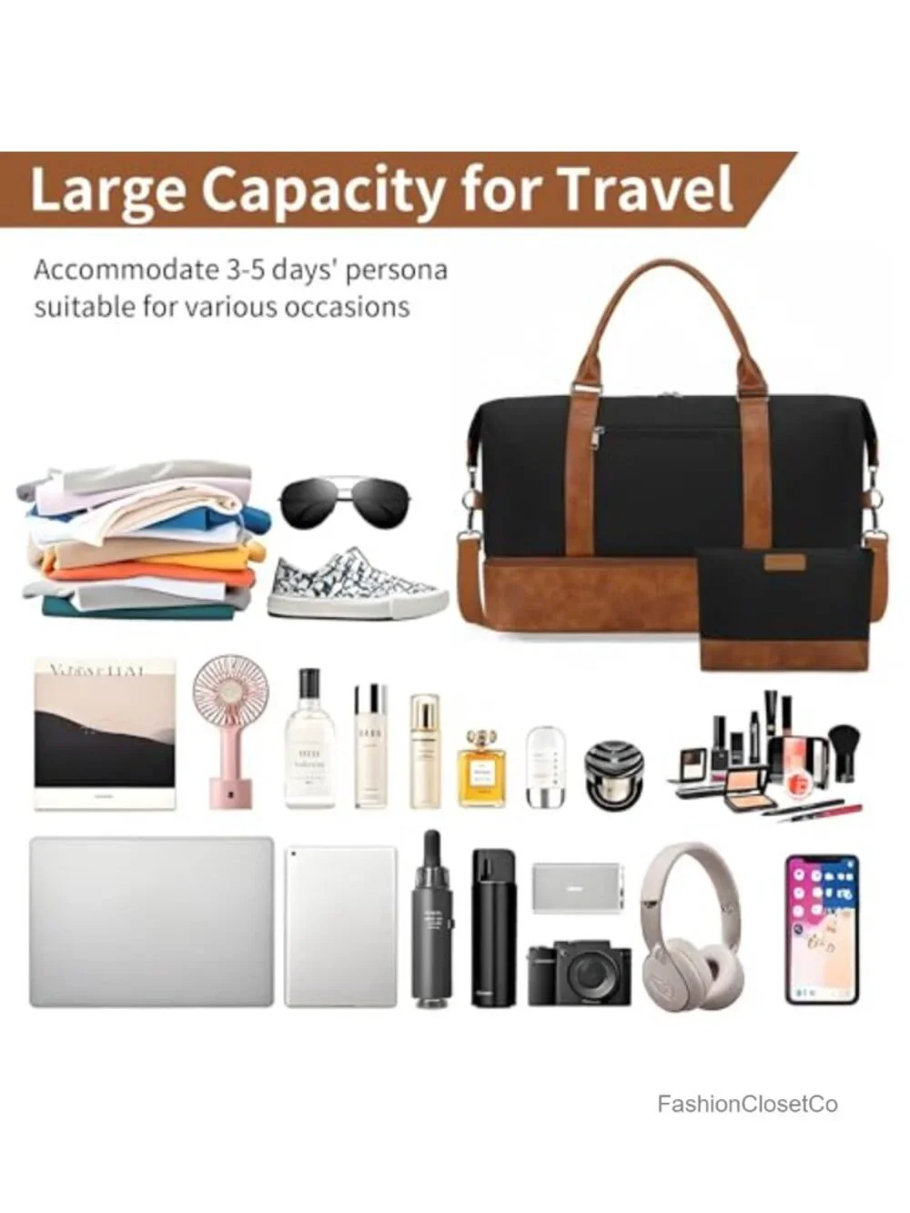 Large Weekender Duffel Bag with Shoe Compartment, Canvas & PU Leather Travel - Picture 2 of 6